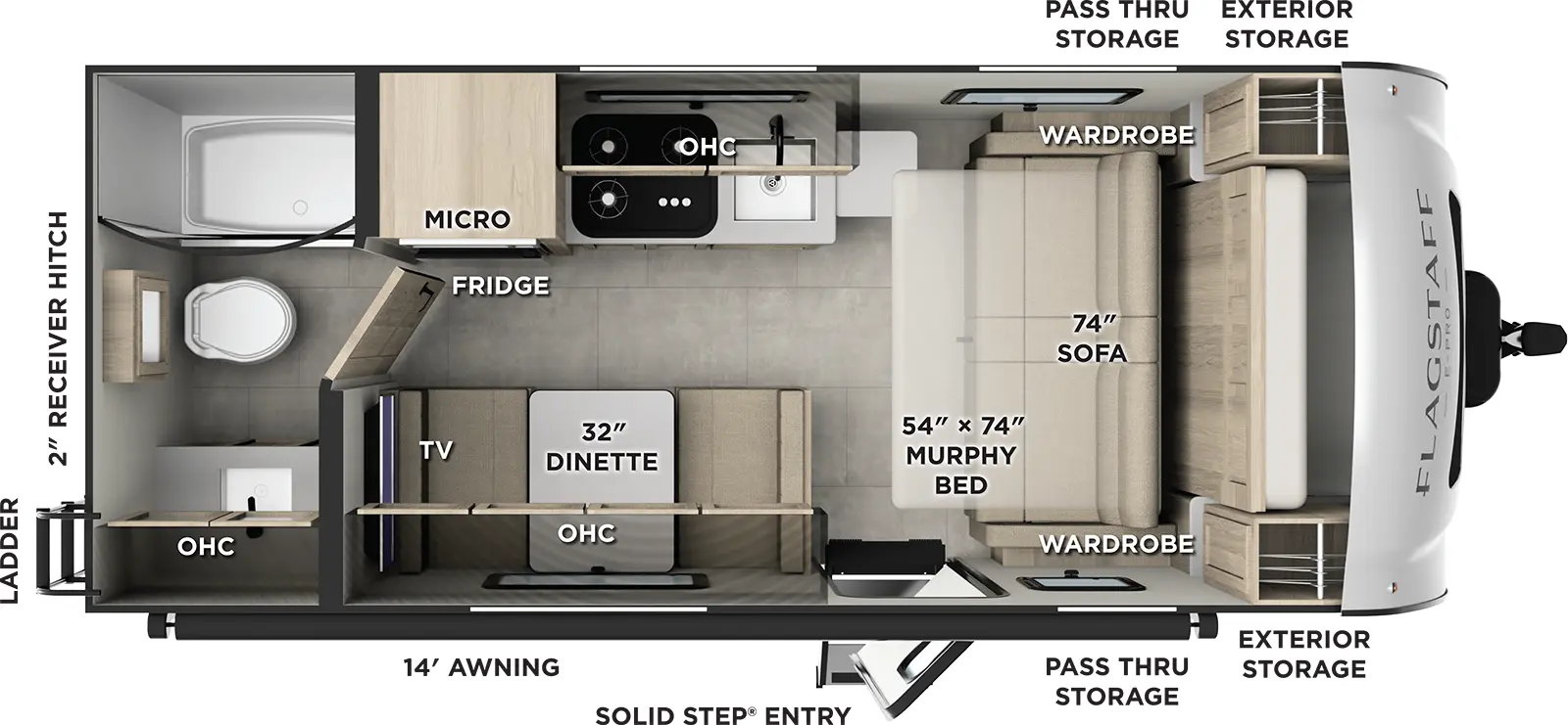 The Flagstaff E-Pro E19FD has one entry and zero slide outs. Exterior features include: fiberglass exterior and 14' awning. Interiors features include: murphy bed and rear bathroom.